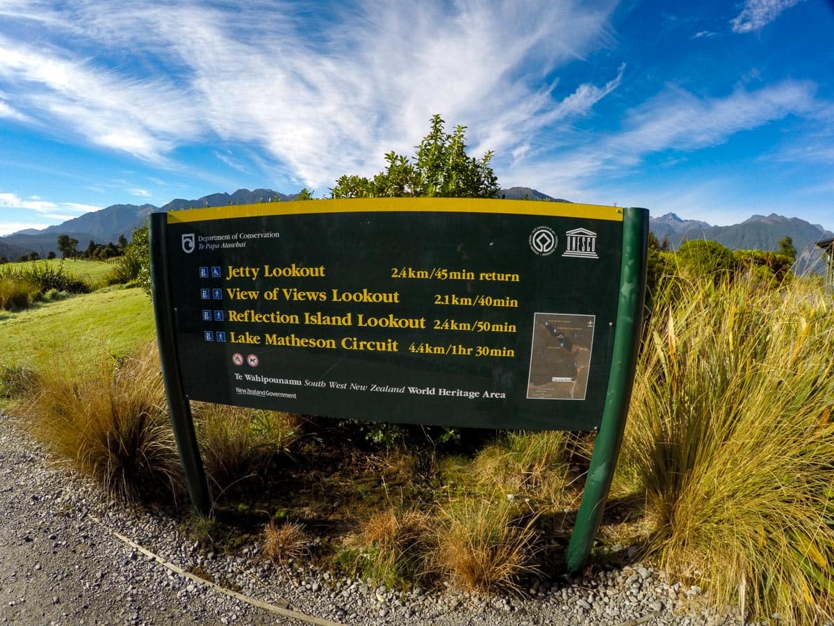 Lake Matheson DOC Sign of walk times