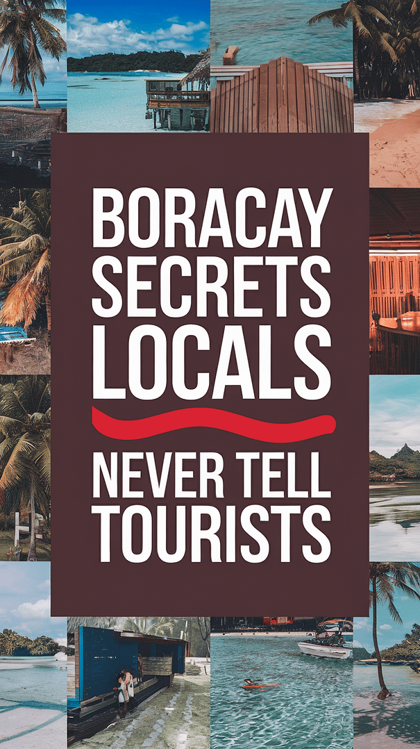 Boracay Secrets Locals Never Tell Tourists – bold white text in thick lettering over a dark box, centered in a vibrant collage of realistic images showcasing hidden beaches, local cuisine, bustling markets, and serene island landscapes.