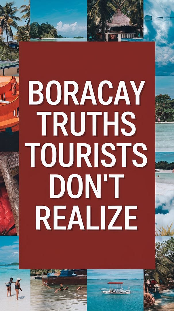 Big text overlay saying: "Boracay Truths Tourists Don't Realize" in thick white lettering on a dark box, surrounded by a vibrant photo collage capturing scenic beaches, local life, and hidden spots in realistic style.