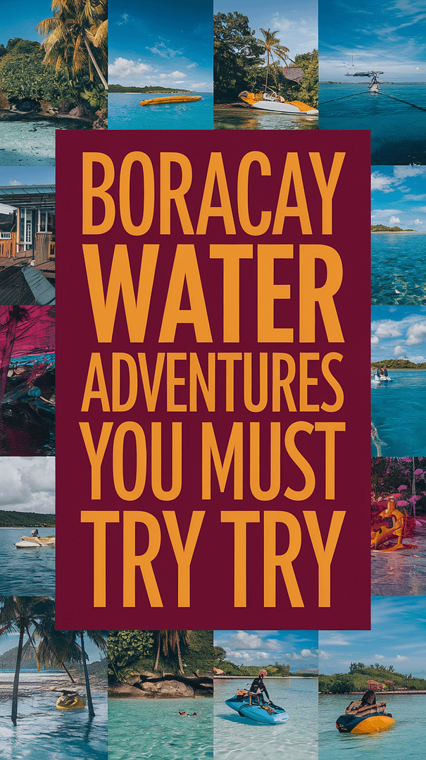 Big text overlay saying: Boracay Water Adventures You Must Try. It's designed to immediately grab attention with its thick, distinctive lettering set prominently in a big dark colored box, utilizing a simple yet striking bold white color for the text. Surrounding this eye-catching typography, a collage of vibrant images. Alt Tag: Bold white text reading "Boracay Water Adventures You Must Try" set in a large dark box, surrounded by a vibrant collage of realistic images showcasing exciting water activities in Boracay.