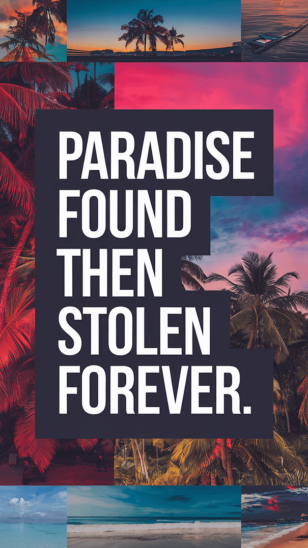 Big text overlay saying: Paradise Found Then Stolen Forever. It's designed to immediately grab attention with its thick, distinctive lettering set prominently in a big dark colored box, utilizing a simple yet striking bold white color for the text. Surrounding this eye-catching typography, a collage of vibrant images.