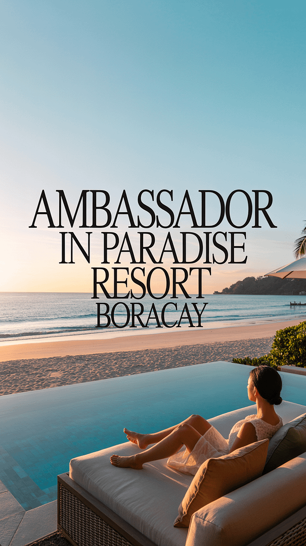 A stunning lifestyle advertisement for Ambassador in Paradise Resort Boracay showcasing a luxurious beachfront villa at sunset, with a wide-angle view of the infinity pool overlooking turquoise ocean waters and powdery white sand, bathed in golden sunset light; plush lounge area in the foreground conveys a tranquil, aspirational mood perfect for luxury tropical getaways.