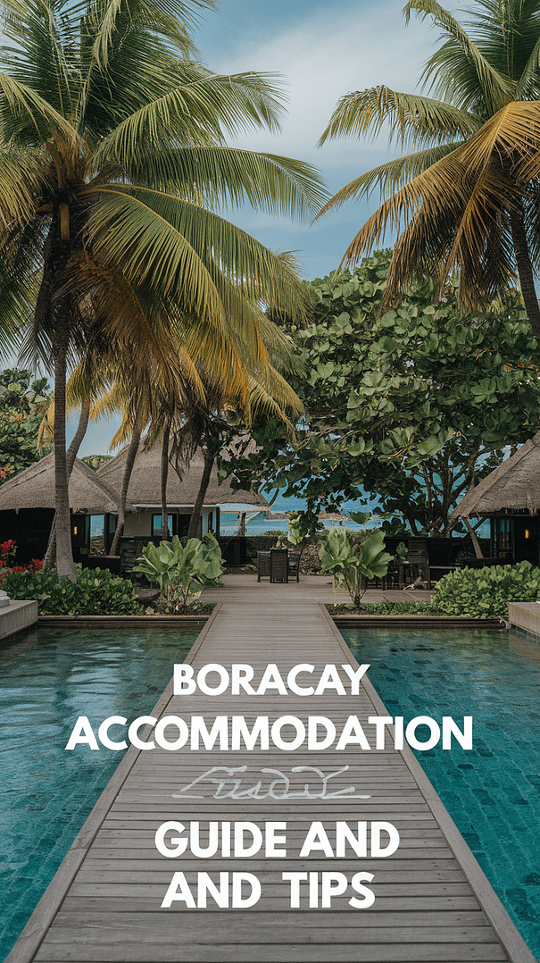 Boracay Accommodation Guide and Tips – A realistic-style travel guide visual featuring large overlay text, designed to help travelers choose where to stay in Boracay.