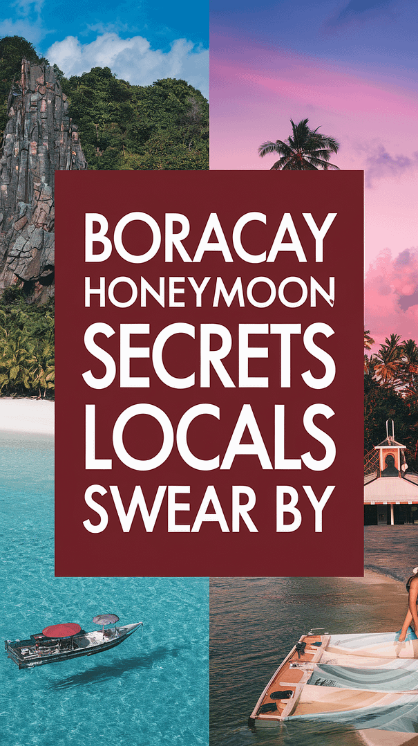 Big text overlay saying: Boracay Honeymoon Secrets Locals Swear By. It's designed to immediately grab attention with its thick, distinctive lettering set prominently in a big dark colored box, utilizing a simple yet striking bold white color for the text. Surrounding this eye-catching typography, a collage of vibrant images.