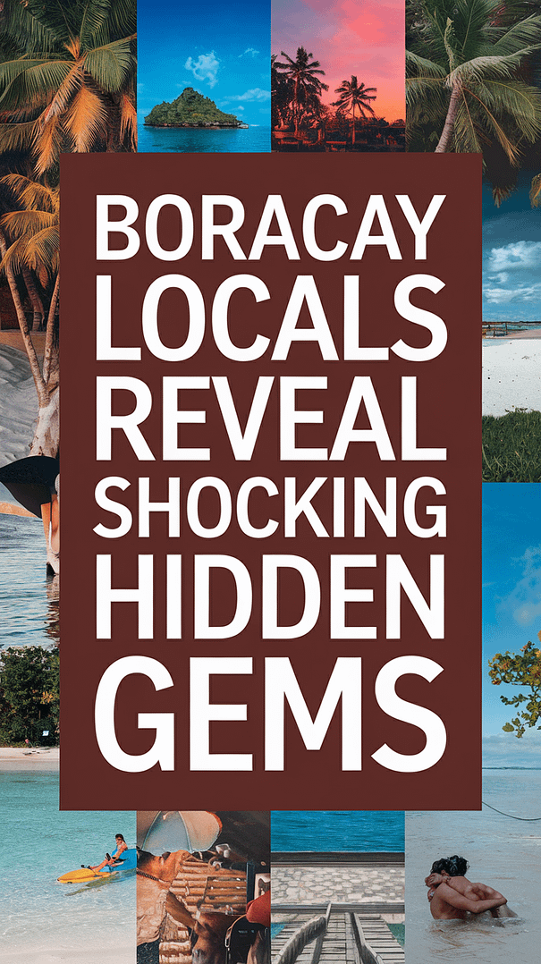 Boracay Locals Reveal Shocking Hidden Gems; bold white text in thick lettering over a dark box grabs attention, surrounded by a vibrant collage of realistic island scenes and cultural highlights.