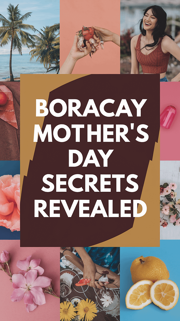 Boracay Mother’s Day Secrets Revealed, bold white text in a thick distinctive font over a dark box, surrounded by a vibrant, realistic photo collage capturing joyful Mother's Day moments on the beach, tropical scenery, and colorful celebrations.