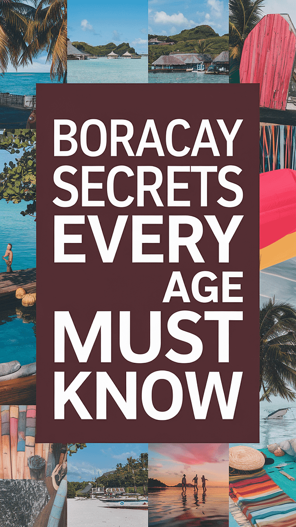 Big text overlay saying: Boracay Secrets Every Age Must Know. It's designed to immediately grab attention with its thick, distinctive lettering set prominently in a big dark colored box, utilizing a simple yet striking bold white color for the text. Surrounding this eye-catching typography, a collage of vibrant images.