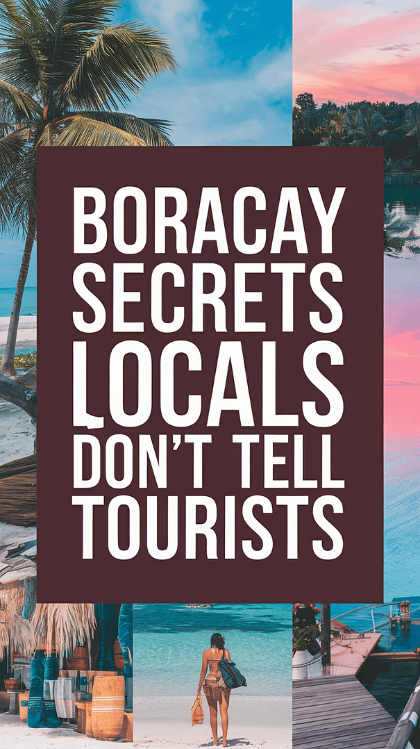 Big text overlay saying: Boracay Secrets Locals Don't Tell Tourists. It's designed to immediately grab attention with its thick, distinctive lettering set prominently in a big dark colored box, utilizing a simple yet striking bold white color for the text. Surrounding this eye-catching typography, a collage of vibrant images.
