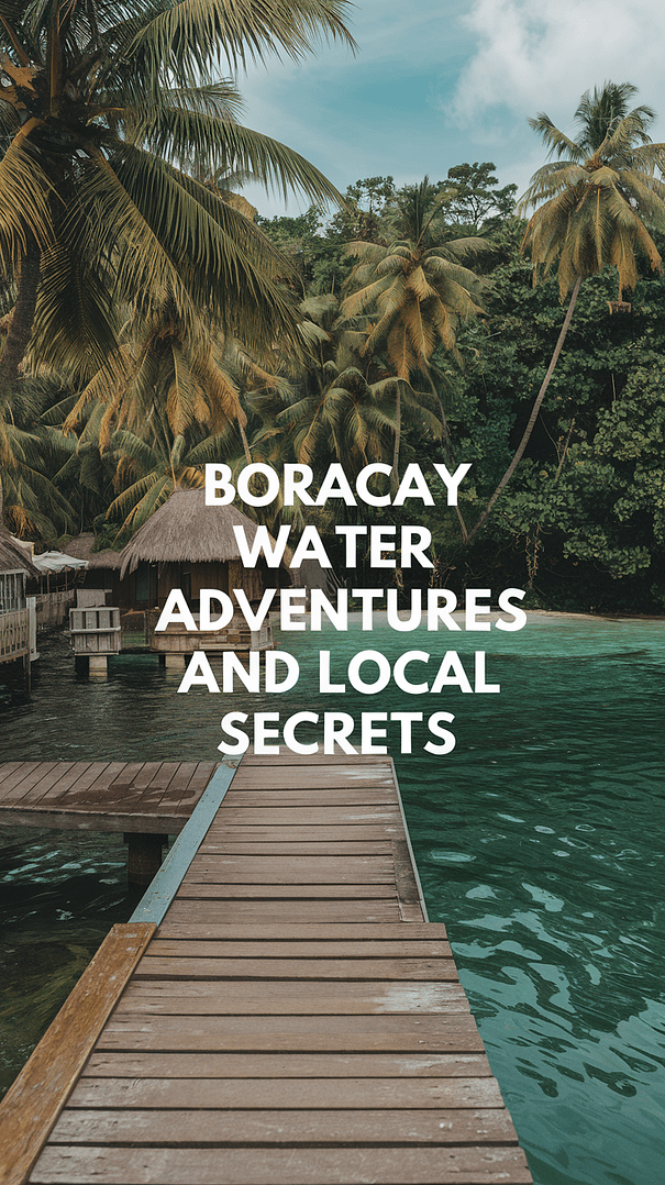 Big text overlay saying: Boracay Water Adventures and Local Secrets. Realistic beach scene highlighting thrilling water activities and hidden local spots in Boracay.