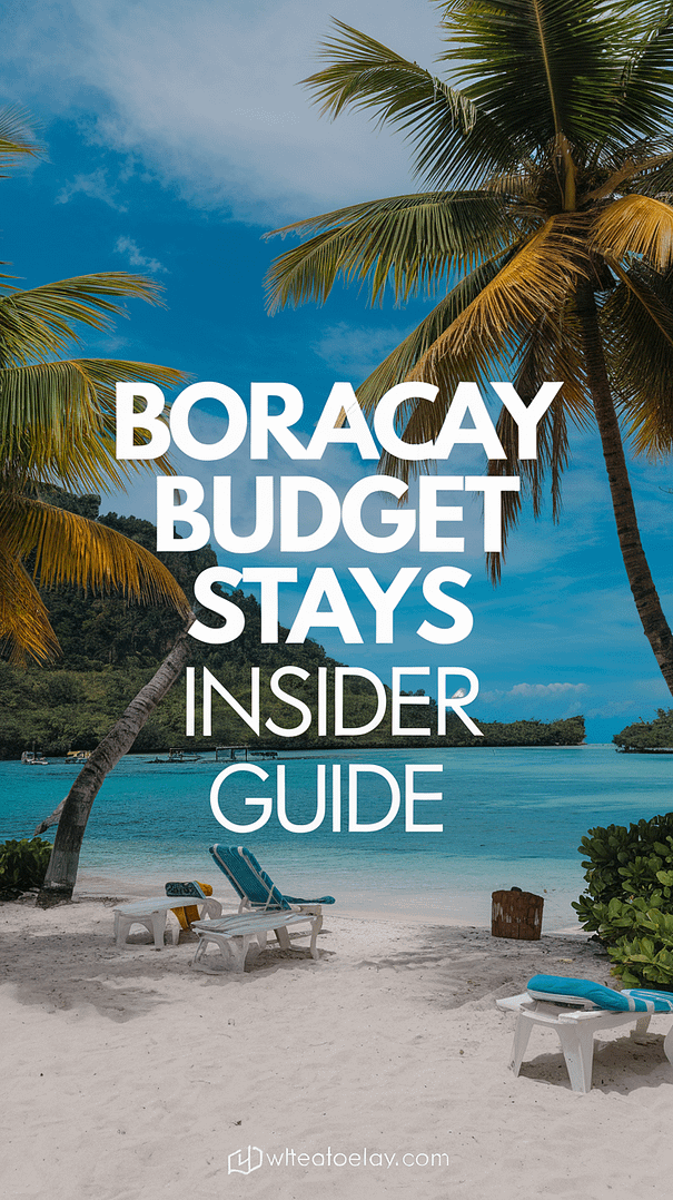 Boracay budget stays insider guide in large, bold text overlaying a realistic tropical beach background, designed as an informative travel graphic.