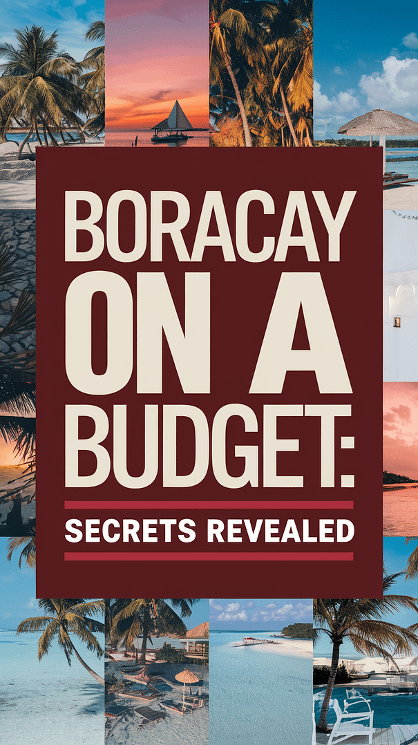 Big text overlay saying: Boracay on a Budget: Secrets Revealed. It's designed to immediately grab attention with its thick, distinctive lettering set prominently in a big dark colored box, utilizing a simple yet striking bold white color for the text. Surrounding this eye-catching typography, a collage of vibrant images.