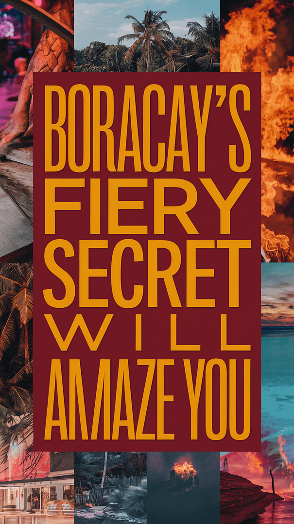Big text overlay saying, “Boracay's Fiery Secret Will Amaze You,” in bold white letters within a dark box, surrounded by a vibrant collage of realistic tropical images showcasing the dramatic and colorful atmosphere of Boracay.