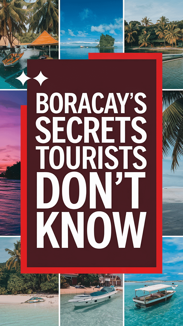 Boracay's Secrets Tourists Don't Know in bold white lettering over a dark box, surrounded by a collage of vibrant, realistic images showcasing hidden beaches, local culture, and tropical scenery.