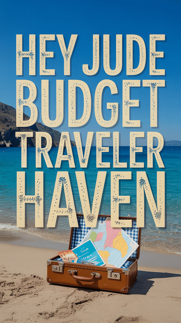 A vibrant travel poster featuring whimsical, hand-painted text reading “Hey Jude Budget Traveler Haven” set against a sunny Mediterranean coastline with turquoise waters, golden sand, and a vintage suitcase spilling colorful travel maps and postcards, evoking adventure, relaxation, and wanderlust.