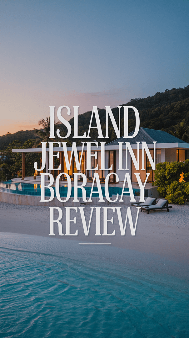 A luxurious lifestyle advertisement showcasing the Island Jewel Inn Boracay, featuring a wide-angle shot of a private beachfront villa at sunset, with crystal-clear turquoise water gently lapping against the white sand. The villa boasts a sleek, modern design with an infinity pool reflecting the vibrant orange and pink hues of the setting sun, accented by lush tropical foliage and elegantly arranged lounge chairs. Superimposed over the scene is a large, clean, white sans-serif text overlay reading "Island Jewel Inn Boracay Review" in a sophisticated font, subtly blending with the tranquil scene while maintaining prominent visibility, evoking a sense of serenity, exclusivity, and exceptional travel experience. The overall aesthetic is high-end, aspirational, and inviting, with soft, natural lighting and a shallow depth of field to draw focus to the villa and its stunning surroundings.