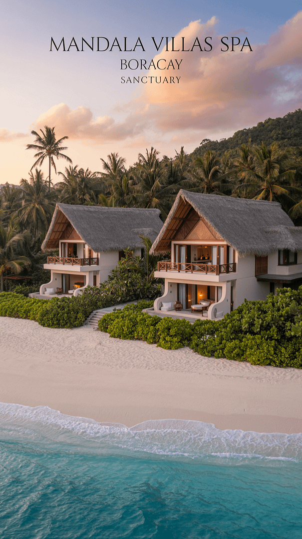 A luxurious travel poster showcasing "Mandala Villas Spa Boracay Sanctuary" at sunset, featuring elegant thatched-roof villas with natural wood accents nestled in lush tropical greenery and white sands, overlooking turquoise ocean waters; warm lighting and swaying palm trees enhance the tranquil, indulgent paradise atmosphere.