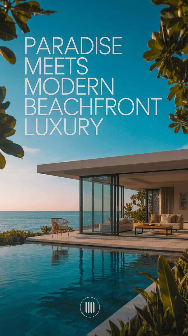 A stunning lifestyle advertisement for a high-end beachfront resort showcases a spacious, modern villa overlooking a turquoise ocean, with floor-to-ceiling windows reflecting the vibrant sunset. The villa's sleek architecture features minimalist furniture, a private infinity pool seamlessly blending with the horizon, and lush tropical foliage framing the scene, bathed in a warm, golden light to emphasize serenity and exclusivity.