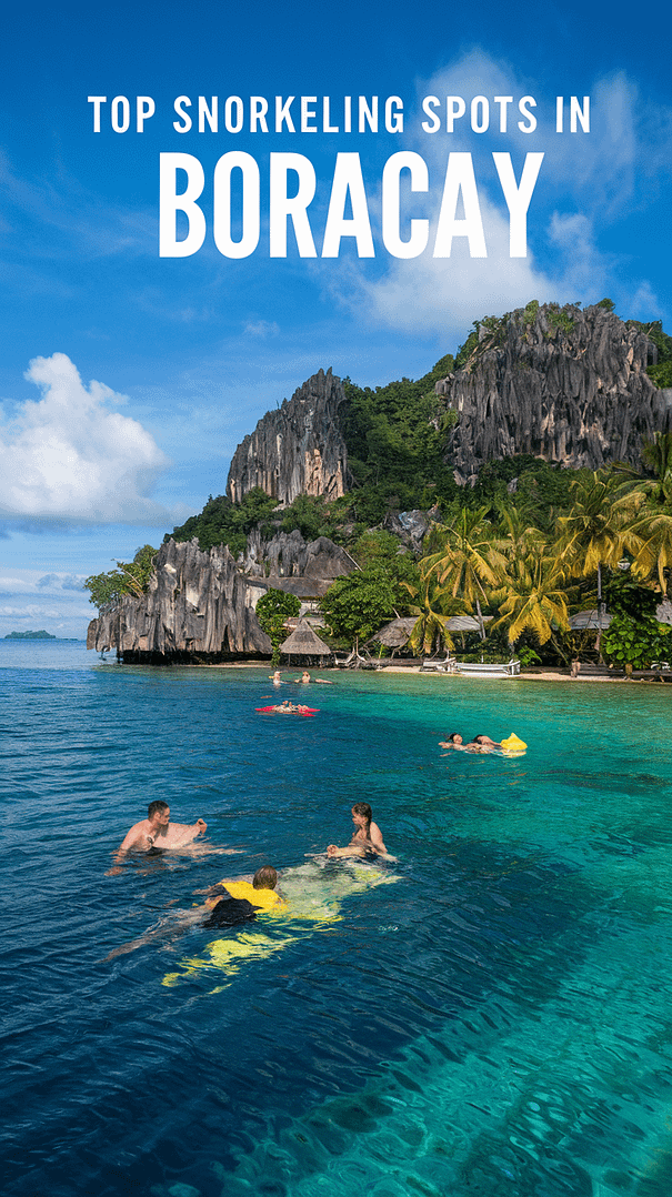 Top Snorkeling Spots in Boracay – a realistic-style image with bold text overlay showcasing prime snorkeling locations on the tropical island, featuring clear waters and scenic ocean views.