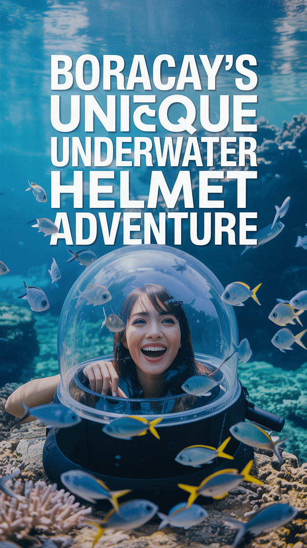 A vibrant lifestyle advertisement showcasing an exhilarating underwater helmet adventure in Boracay, featuring a smiling tourist inside a clear helmet exploring a colorful coral reef teeming with tropical fish. The scene is bathed in diffused sunlight filtering through the turquoise water, creating a magical and immersive atmosphere with soft shadows and vibrant coral hues, and a playful school of fish swimming past the helmet. Bold, slightly stylized text overlays the top of the image, reading “Boracay's Unique Underwater Helmet Adventure” in a clean, modern font, positioned to draw the eye while maintaining the visual focus on the underwater experience, conveying a sense of fun, adventure, and discovery. The overall aesthetic aims for a high-end travel advertisement, promoting the unique appeal of Boracay with a mood of joyful exploration and pristine beauty.