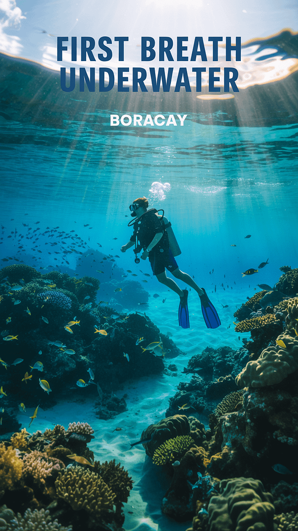 A vibrant travel poster of a breathtaking underwater scene in Boracay, featuring a scuba diver taking their "First Breath Underwater." The diver's silhouette is illuminated by sunlight filtering through turquoise water, surrounded by lush coral reefs and colorful fish. The scene evokes adventure and serenity with warm, tropical lighting and shimmering surface waves.