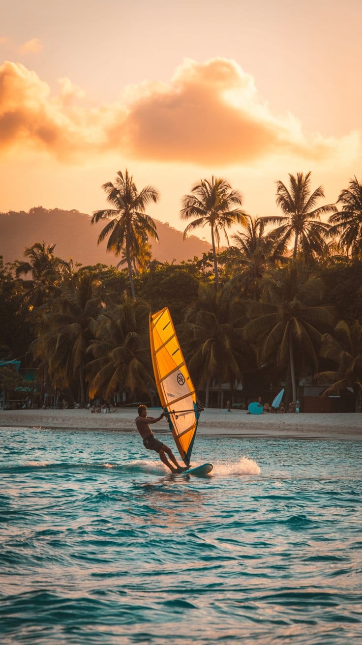A photograph of Bulabog Beach on Boracay Island, showcasing the vibrant turquoise water and white sand. A single windsurfer, silhouetted against the setting sun, is captured mid-jump, riding a wave towards the shore. Palm trees line the beach in the background, creating a tropical paradise backdrop, with the sun casting a warm orange glow across the sky. The water reflects the colors of the sky, adding depth and serenity to the scene.
