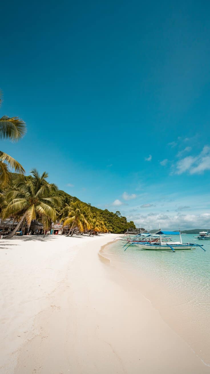 A photograph of the pristine white sands of Whites Beach on Boracay Island, Philippines. The sand stretches out in a gentle arc, its surface smooth and dazzlingly white under the tropical sun, meeting the turquoise water in a soft gradient. Palm trees sway gently along the shoreline, their shadows dappling the sand, while a few small traditional Filipino boats are anchored in the calm, clear water. The sky is a clear, brilliant blue with a few scattered clouds, creating a sense of serene tropical paradise.